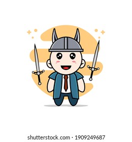 Cute businessman character wearing fighter costume. Mascot design concept