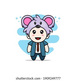 Cute businessman character wearing koala costume. Mascot design concept