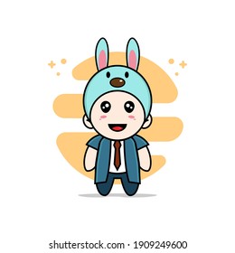 Cute businessman character wearing rabbit costume. Mascot design concept