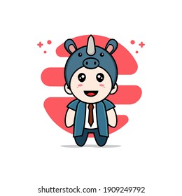 Cute businessman character wearing rhino costume. Mascot design concept