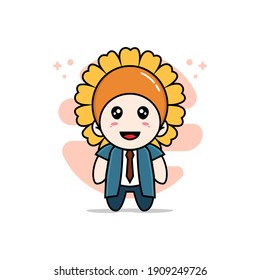 Cute businessman character wearing sunflower costume. Mascot design concept