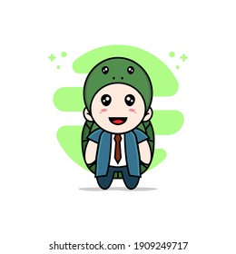 Cute businessman character wearing turtle costume. Mascot design concept