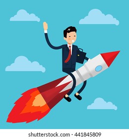 Cute businessman characters on rocket in the sky. Business success vector illustration on light green background