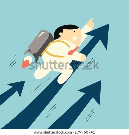 Cute businessman flying with rocket moving up fast with arrow, business concept in growth business. 
