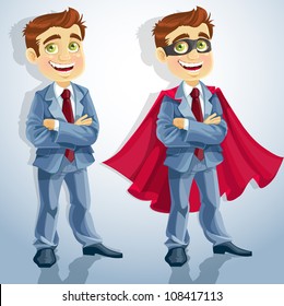 Cute businessman with folded arms, and dressed as a superhero