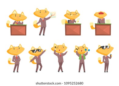 Cute businessman fox character at work and rest, funny cat in different situations set of cartoon colorful Illustrations