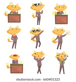 Cute businessman fox character at work and rest, funny cat in different situations set of cartoon colorful Illustrations