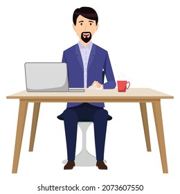 Cute businessman freelancer character siting on modern home office desk with table chair coffee cup with pc laptop computer