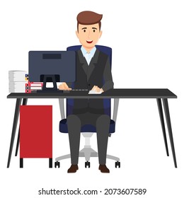 Cute businessman freelancer character siting on modern home office desk with table chair with some paper pile file folders drawer cabinet isolated