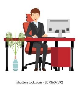 Cute businessman freelancer character siting on modern home office desk with table chair with house plants isolated