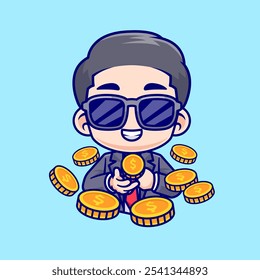 Cute Businessman With Gold Coin Money Cartoon Vector Icon Illustration. People Finance Icon Concept Isolated Premium Vector. Flat Cartoon Style