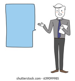 Cute businessman holding folder and presenting something on blank text balloon or copy space. Vector illustration with hand-drawn style.