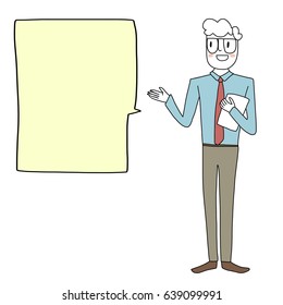 Cute businessman holding folder and presenting something on blank text balloon or copy space. Vector illustration with hand-drawn style.