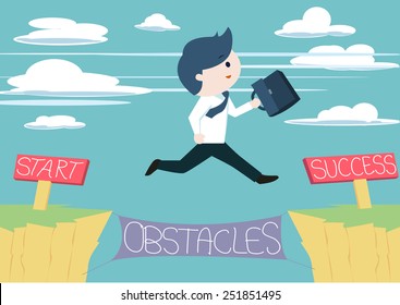 Cute businessman jump across the obstacles from start to success point. Cute business man jump across the cliff without fear of failures. Taking risk in order to success or achieve his goal.