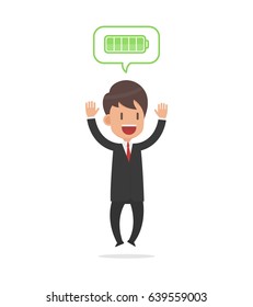 Cute businessman jumping and have a full of energy, full battery, Vector illustration flat design style and isolated on white background