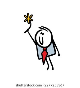 Cute businessman in office suit present a flower in rising up hand. Vector illustration of holiday stickman and summer plant.