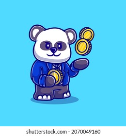 cute businessman panda illustration carrying gold coins, suitable for t-shirt design or cute businessman panda mascot