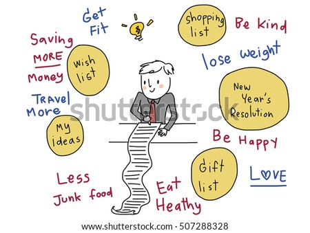 Cute businessman planning his future and writing down his list and ideas. New year' s resolution. Gift list. Shopping list. Words regarding wish list included. Vector Illustration.