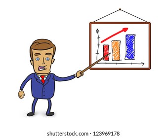 cute businessman pointing at graph on whiteboard
