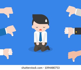 Cute businessman or politician knee on floor for responsible with dislike or thumps down, flat design vector mistake concept