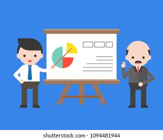 Cute businessman presentation company information with his CEO, flat design vector concept
