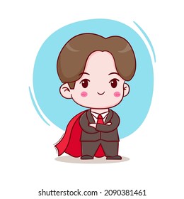 Cute businessman with red cloak. Chibi style cartoon character isolated