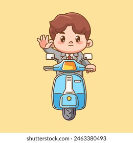 Cute businessman riding scooter kawaii chibi character mascot illustration outline style design set