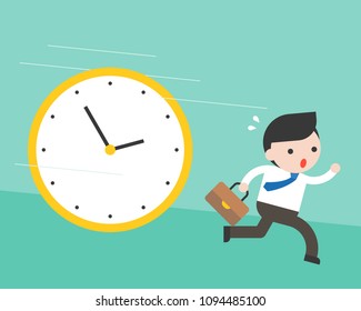 Cute businessman running from big clock follow him, flat design vector rushing hours and deadline concept