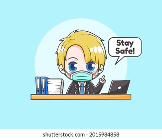 Cute businessman saying to stay safe cartoon illustration
