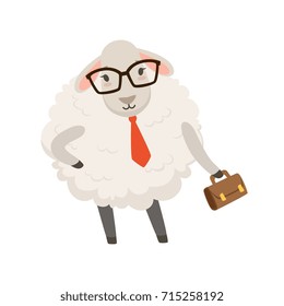 Cute businessman sheep character wearing glasses holding briefcase, funny humanized animal vector Illustration