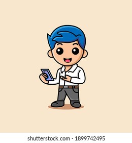 Cute businessman showing phone in his hand cartoon illustration