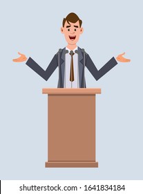 cute businessman speaker stands behind the podium and speaks.  Flat style cartoon character for your design, motion or animation.