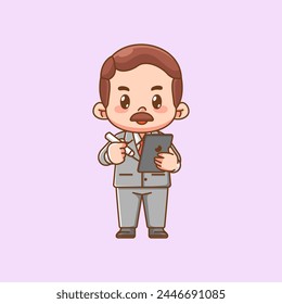 Cute businessman take notes suit office workers kawaii chibi character mascot illustration outline style design set