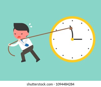 Cute Businessman Try Hard To Pull Back Minute Hand Anti Clockwise By Rope,  Flat Design Vector Turn Back Time Concept