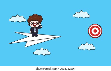 Cute businessman trying to hit target cartoon icon illustration. Design isolated flat cartoon style