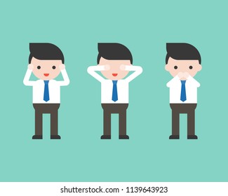 Cute businessman using his hand close ears, eyes, mouth, business situation in flat design