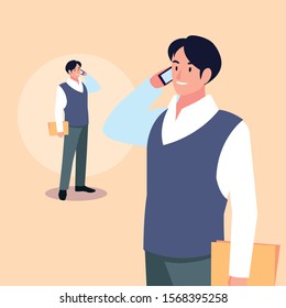 cute businessman with various views, poses and gestures vector illustration design