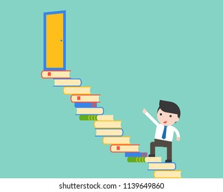 Cute businessman walk on pile of books steps to the exit door, business situation in flat design wisdom and solution concept