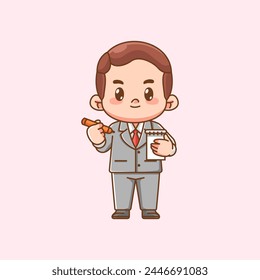 Cute businessman write note suit office workers kawaii chibi character mascot illustration outline style design set