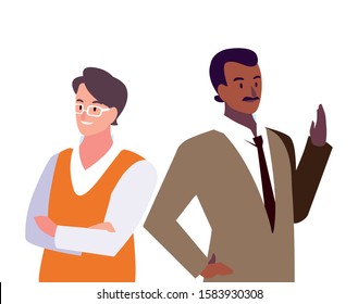 cute businessmen with various views, poses and gestures vector illustration design