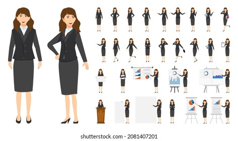 Cute businesswoman character set with different pose doing different actions jumping standing with presentation board with sales graph chart podium isolated posing