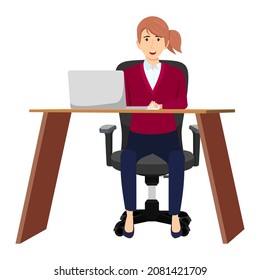 Cute businesswoman character sitting on modern home office desk with chair table and with pc laptop computer