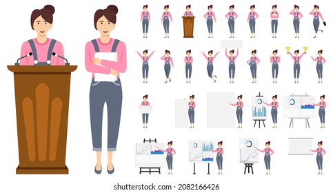 Cute businesswoman character wearing business outfit with different set of pose doing different actions with podium presentation board graph chart