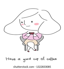 Cute businesswoman drinking coffee. Woman enjoying hot coffee. Happy woman sitting at cafe, holding a cup of coffee and enjoying her drink. Young woman smiling, holding a coffee mug and looking away.
