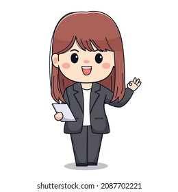 Cute Businesswoman with formal suit and ok sign Kawaii chibi Character design