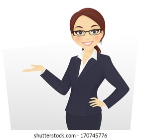 Cute businesswoman in glasses showing something 