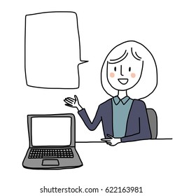 Cute businesswoman showing blank screen laptop and presenting her working content. Word bubble included. Vector illustration with hand-drawn style.