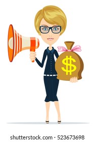 Cute businesswoman showing a megaphone and a bag of money