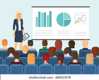 Cute businesswoman showing something to people. Vector illustration of woman in business style clothes making presentation fof people sitting on chairs in flat cartoon style.