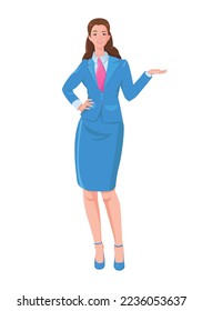 Cute businesswoman showing something.  Vector illustration isolated on a white background